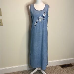 Plaza South Embroidered Long Blue Denim Dress. 1999. 10 Petite. Y2K